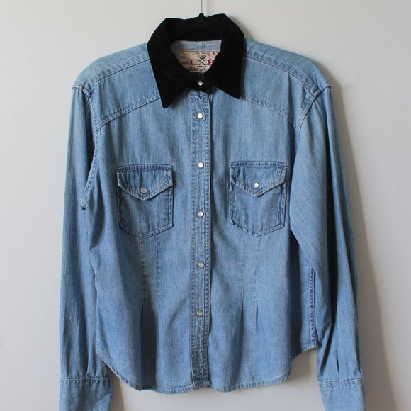 80's Vintage Express Fitted Denim Shirt w/ Velvet Collar + Snap Buttons Size L - Picture 7 of 7
